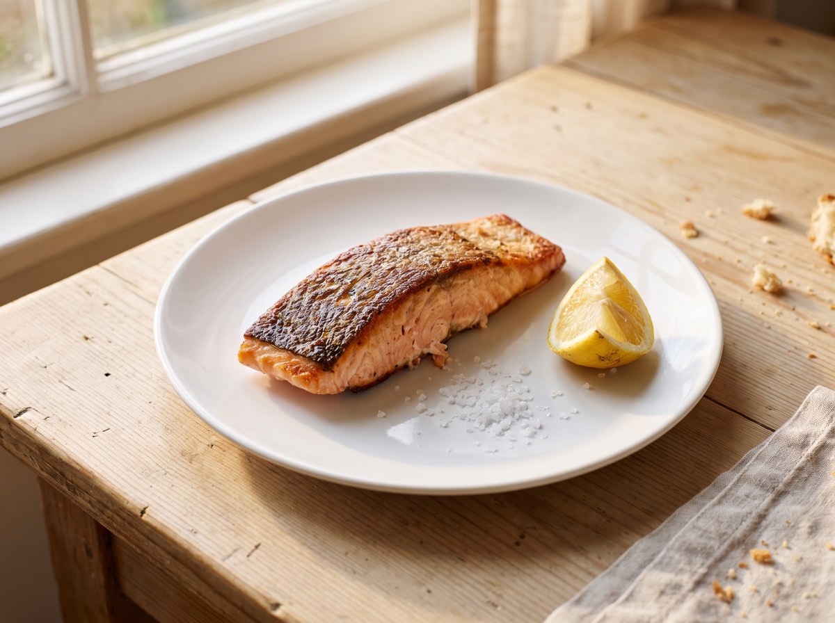 Porción de salmón cocinada, servida en un plato